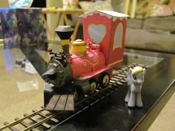 Size: 730x548 | Tagged: safe, artist:boilerwash1, derpy hooves, pegasus, pony, bachmann, blind bag, custom, female, friendship express, kitbash, locomotive, mare, model, toy, train