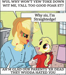 Size: 600x689 | Tagged: safe, artist:jeroom, apple bloom, applejack, earth pony, pony, applejack chick, drugs, exploitable meme, mentally disturbed brony dad, straight edge, that changes everything, vulgar, wat