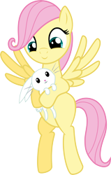 Size: 6000x9434 | Tagged: safe, artist:mactavish1996, artist:magfen, angel bunny, fluttershy, pegasus, pony, absurd resolution, bipedal, cute, female, filly, flying, holding, hug, mare, shyabetes, simple background, smiling, spread wings, transparent background, vector, wings, younger