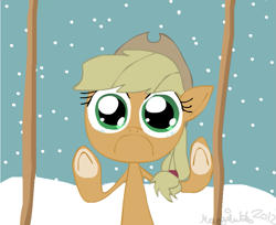 Size: 883x720 | Tagged: safe, artist:mushroomcookiebear, applejack, earth pony, pony, :c, frown, sad, snow, snowfall, solo, winter