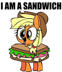 Size: 601x702 | Tagged: safe, artist:mushroomcookiebear, applejack, earth pony, pony, clothes, cute, dialogue, food, food costume, jackabetes, open mouth, sandwich, silly, silly pony, simple background, smiling, solo, wat