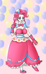 Size: 937x1510 | Tagged: safe, artist:asdf314159265, pinkie pie, human, balloon, breasts, cleavage, clothes, dress, female, gala dress, humanized, light skin, pinkie pies, solo