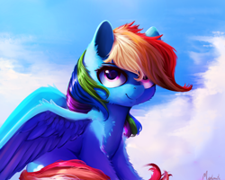 Size: 2500x2000 | Tagged: safe, artist:miokomata, derpibooru import, rainbow dash, pegasus, pony, cloud, female, mare, multicolored hair, sky, smiling, solo