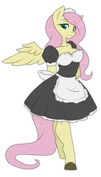 Size: 553x960 | Tagged: safe, artist:sugarcup, fluttershy, anthro, unguligrade anthro, breasts, cleavage, clothes, female, hooves, looking at you, maid, simple background, smiling, solo, spread wings