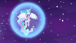 Size: 1280x720 | Tagged: safe, screencap, princess celestia, starlight glimmer, alicorn, pony, a royal problem, comforting, dream walker celestia, eyes closed, holding a pony, looking up, magic bubble, momlestia fuel, sadlight glimmer, spread wings, swapped cutie marks, wings