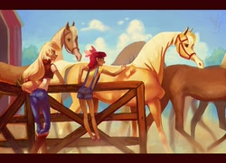 Size: 4269x3083 | Tagged: safe, artist:holivi, apple bloom, applejack, horse, absurd resolution, farm, humanized