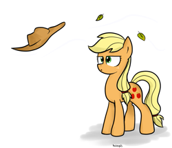 Size: 949x818 | Tagged: safe, artist:balrog63, applejack, earth pony, pony, hat, leaves, solo, wind