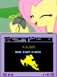 Size: 563x752 | Tagged: safe, fluttershy, pegasus, pony, controller, exploitable meme, eyes closed, female, gamershy, happy, hoof hold, mare, meme, obligatory pony, open mouth, pink mane, screen, smiling, super krang, turtles in time, tv meme, yellow coat