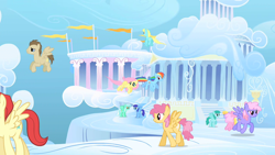 Size: 1280x720 | Tagged: safe, derpibooru import, screencap, cloud kicker, cool star, crescent pony, dizzy twister, fluttershy, mane moon, orange swirl, rainbow dash, rainbowshine, sassaflash, skyra, spring melody, sprinkle medley, starburst (character), pegasus, pony, sonic rainboom (episode), background pony, cloudsdale, female, flying, male, mare, stallion