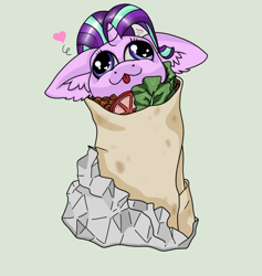 Size: 1024x1078 | Tagged: safe, artist:tillie-tmb, starlight glimmer, pony, unicorn, :3, burrito, chibi, cute, derp, ear fluff, female, floppy ears, food, glimmerbetes, heart, mare, pony burrito, simple background, solo, tomato, tongue out, wat