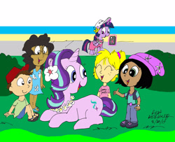 Size: 2592x2100 | Tagged: safe, artist:newportmuse, starlight glimmer, twilight sparkle, twilight sparkle (alicorn), alicorn, human, pony, unicorn, cap, clothes, cosplay, costume, equestria girls outfit, flower necklace, hat, hawaiian flower in hair