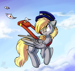 Size: 2094x1991 | Tagged: safe, artist:suplolnope, derpy hooves, pegasus, pony, female, flying, hat, mailbag, mare, solo