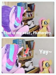 Size: 768x1024 | Tagged: safe, artist:nekokevin, fluttershy, starlight glimmer, pegasus, pony, unicorn, series:nekokevin's glimmy, comic, dialogue, duo, irl, life size, photo, plushie, yay