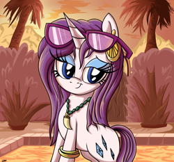 Size: 990x924 | Tagged: safe, artist:daniel-sg, rarity, pony, unicorn, alternate hairstyle, solo, sunglasses, swimming pool