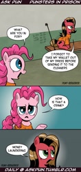 Size: 800x1695 | Tagged: safe, artist:pony-berserker, pinkie pie, oc, oc:pun, earth pony, pony, ask, ask pun, clothes, comic, dialogue, jail, laundry, money, money laundering, prison outfit, pun, tumblr, wallet