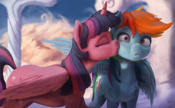 Size: 4000x2477 | Tagged: safe, artist:starblaze25, derpibooru import, rainbow dash, twilight sparkle, twilight sparkle (alicorn), alicorn, pegasus, pony, cloud, female, kiss on the cheek, kissing, lesbian, mare, shipping, sky, twidash