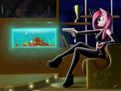 Size: 1467x1100 | Tagged: safe, artist:zigword, pinkie pie, anthro, fish, seahorse, aquarium, catsuit, fish tank, fishtank, gun, pinkamena diane pie, pistol, solo, weapon