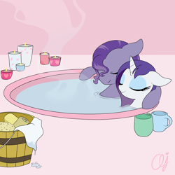 Size: 3000x3003 | Tagged: safe, artist:inkie-heart, rarity, oc, oc:kydose, pony, unicorn, candle, canon x oc, hot tub, raridose, relaxing, romantic, wet, wet mane, wet mane rarity