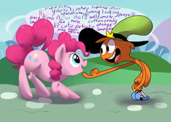 Size: 2800x2000 | Tagged: safe, artist:khorme, pinkie pie, earth pony, pony, chin scratch, crossover, duo, eye contact, looking at each other, ponyville, wander (wander over yonder), wander over yonder