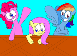 Size: 1800x1309 | Tagged: safe, derpibooru import, fluttershy, pinkie pie, rainbow dash, earth pony, pegasus, pony, cartoony, fence