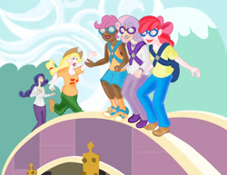 Size: 800x619 | Tagged: safe, artist:wpmorse, applejack, rarity, scootaloo, sweetie belle, bridge, cutie mark crusaders, humanized