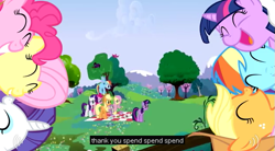 Size: 639x352 | Tagged: safe, derpibooru import, screencap, applejack, fluttershy, pinkie pie, rainbow dash, rarity, spike, twilight sparkle, bird, dragon, earth pony, pegasus, pony, unicorn, a canterlot wedding, capitalism, mane seven, mane six, meme, youtube caption