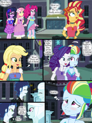 Size: 768x1024 | Tagged: safe, artist:ilaria122, derpibooru import, applejack, fleetfoot, fluttershy, pinkie pie, rainbow dash, rarity, sci-twi, soarin', sunset shimmer, twilight sparkle, comic:a mysterious rival, equestria girls, alternate hairstyle, blushing, equestria girls-ified, female, geode of empathy, geode of fauna, geode of shielding, geode of sugar bombs, geode of super speed, geode of super strength, geode of telekinesis, magical geodes, male, shipping, soarindash, straight