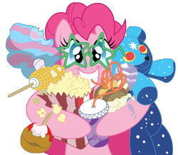 Size: 7642x6626 | Tagged: safe, artist:stainless33, idw, pinkie pie, earth pony, pony, absurd resolution, caramel apple (food), corn, cotton candy, crazy straw, food, ice cream, popcorn, solo