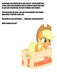 Size: 767x992 | Tagged: safe, applejack, earth pony, pony, box, bronybait, grin, meme, question, text