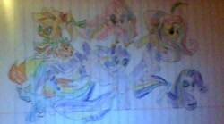 Size: 590x327 | Tagged: safe, artist:gracie_cleopatra, derpibooru import, applejack, fluttershy, pinkie pie, rainbow dash, rarity, twilight sparkle, twilight sparkle (alicorn), alicorn, earth pony, pegasus, pony, unicorn, twilight's kingdom, female, lined paper, mane six, mare, picture taken with a potato, rainbow, rainbow power, rainbow power-ified, traditional art