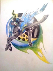 Size: 960x1280 | Tagged: safe, artist:kiwwsplash, queen chrysalis, changeling, changeling queen, female, raised leg, solo, traditional art