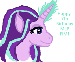 Size: 1440x1200 | Tagged: safe, starlight glimmer, unicorn, g1, digital art, g4 to g1, generation leap, happy birthday mlp:fim, magic, mlp fim's seventh anniversary, simple background, sketch, smiling, solo, white background