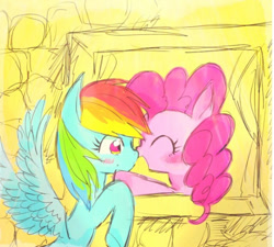 Size: 600x540 | Tagged: safe, artist:gebomamire, derpibooru import, pinkie pie, rainbow dash, earth pony, pegasus, pony, blushing, boop, cute, eyes closed, female, flying, lesbian, noseboop, pinkiedash, shipping, smiling, window