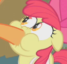 Size: 132x127 | Tagged: safe, screencap, apple bloom, applejack, earth pony, pony, call of the cutie, cropped, hoof in mouth, hoofjack, nose wrinkle, out of context, picture for breezies, puffy cheeks