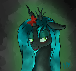 Size: 2305x2159 | Tagged: safe, artist:wevepon3, queen chrysalis, changeling, changeling queen, blushing, bow, cute, cutealis, female, lidded eyes, looking up, mare, princess, signature, smiling, solo