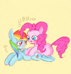 Size: 588x617 | Tagged: safe, artist:gebomamire, derpibooru import, pinkie pie, rainbow dash, earth pony, pegasus, pony, blushing, cute, dashabetes, diapinkes, female, glomp, gritted teeth, hug, lesbian, pinkiedash, scared, shipping, simple background, surprised, tongue out