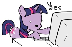 Size: 1000x655 | Tagged: safe, derpibooru import, twilight sparkle, pony, unicorn, computer, dialogue, faic, female, keyboard, mare, monitor, open mouth, reaction image, yes