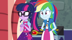 Size: 1280x718 | Tagged: safe, derpibooru import, screencap, rainbow dash, sci-twi, twilight sparkle, equestria girls, movie magic, spoiler:eqg specials, clothes, geode of super speed, geode of telekinesis, glasses, hands behind back, magical geodes, ponytail, skirt