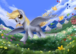 Size: 4184x2967 | Tagged: safe, artist:pridark, derpy hooves, butterfly, pegasus, pony, balloon, female, flower, mare, running, solo