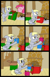 Size: 1311x1994 | Tagged: safe, artist:hap-sunshine, derpy hooves, pinkie pie, pegasus, pony, comic, female, mare, muffin, present