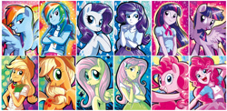 Size: 1500x730 | Tagged: safe, artist:yulyeen, derpibooru import, applejack, fluttershy, pinkie pie, rainbow dash, rarity, twilight sparkle, twilight sparkle (alicorn), alicorn, earth pony, pegasus, pony, unicorn, equestria girls, apple, clothes, cowboy hat, female, food, freckles, hat, human ponidox, humane five, mane six, mare, peace sign, raised eyebrow, raised hoof, self ponidox, skirt, smiling, stetson, tanktop