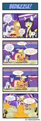 Size: 660x1914 | Tagged: safe, artist:reikomuffin, applejack, rarity, earth pony, pony, unicorn, 4koma, comic, crossover, digimon, eevee, elesa, fight, pokémon, ponified, sukamon