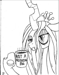 Size: 652x819 | Tagged: safe, artist:dandereshy, queen chrysalis, changeling, changeling queen, coffee, coffee mug, female, how do hooves work?, lineart, mug, pencil drawing, queen chrysalis is not amused, steam, text, traditional art, unamused