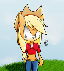 Size: 848x942 | Tagged: safe, artist:alexthf, applejack, anthro, solo, sonic the hedgehog (series), sonicified, species swap, style emulation, watermark
