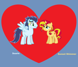 Size: 2420x2080 | Tagged: safe, artist:jwwprod, soarin', sunset shimmer, pony, crack shipping, heart, male, shipping, soarimmer, straight