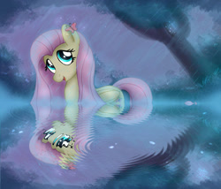 Size: 1225x1050 | Tagged: safe, artist:joakaha, fluttershy, pegasus, pony, rain, reflection, solo, water