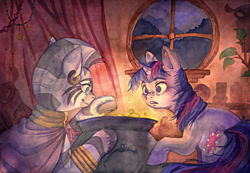 Size: 1000x692 | Tagged: safe, artist:tealeafillustrations, derpibooru import, twilight sparkle, zecora, zebra, cauldron, traditional art