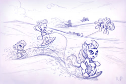 Size: 1500x1000 | Tagged: safe, artist:kp-shadowsquirrel, derpibooru import, apple bloom, applejack, fluttershy, pinkie pie, rainbow dash, scootaloo, sweetie belle, earth pony, pegasus, pony, ballpoint pen, cutie mark crusaders, monochrome, sketch, traditional art, water skiing, waterskiing