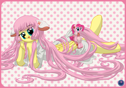 Size: 4500x3130 | Tagged: safe, artist:template93, fluttershy, pinkie pie, earth pony, pegasus, pony, absurd resolution, chii, chobits, crossover, cute, long mane, sumomo