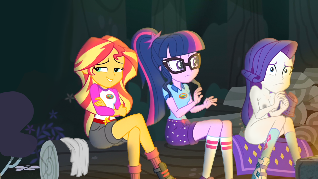 911085 - questionable, edit, edited edit, edited screencap,  editor:slayerbvc, screencap, rarity, sci-twi, sunset shimmer, twilight  sparkle, equestria girls, legend of everfree, breast edit, breasts,  campfire, clothed female nude female, female, nipples ...